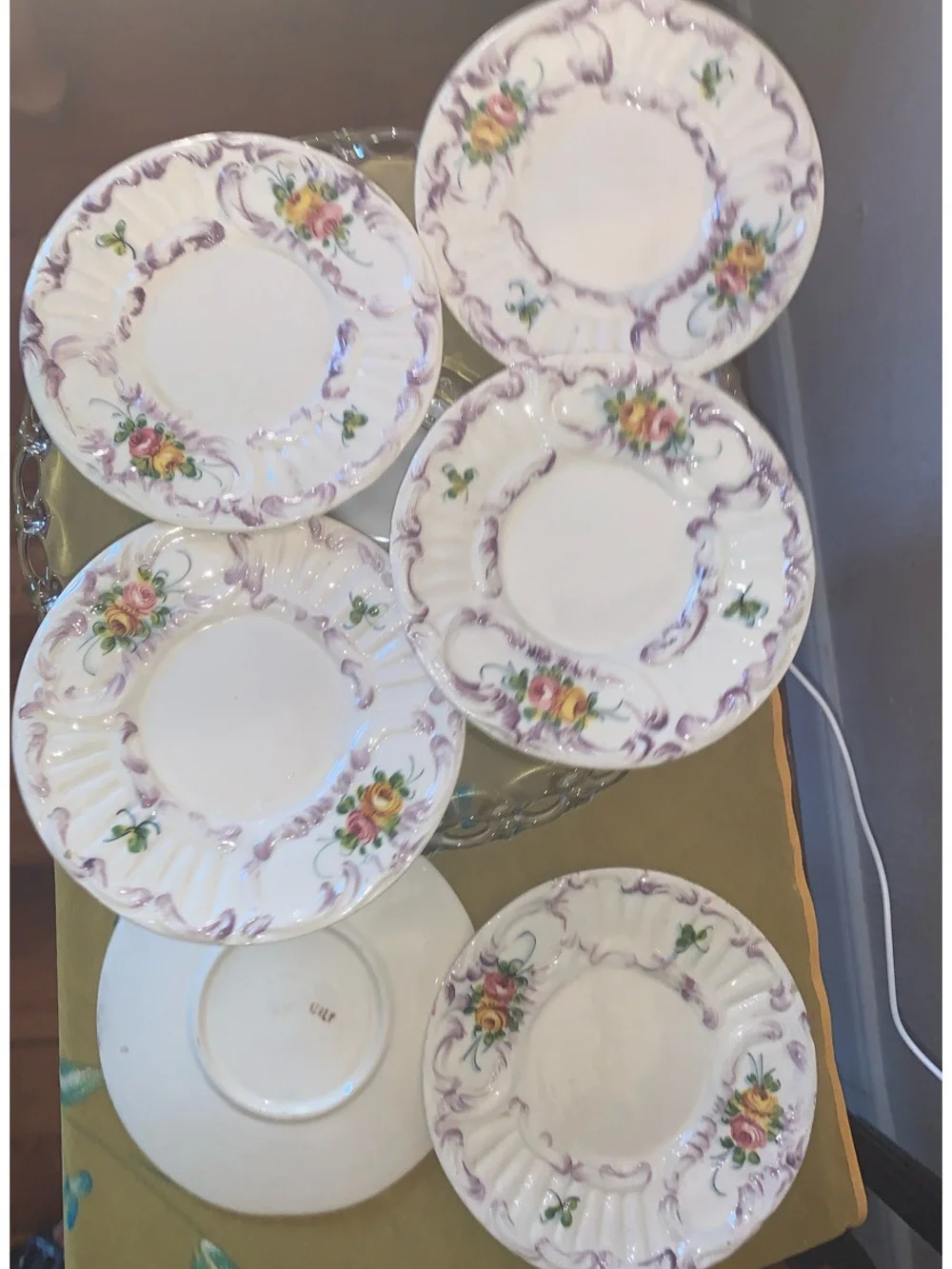 ITALY marked Floral Dessert Plate Set in Purple and Yellow – Old - S/6